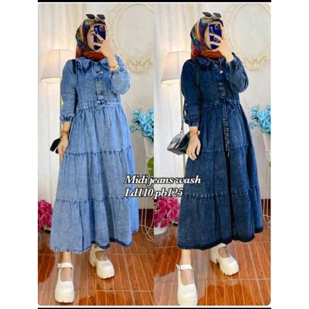Hijabkiara - MIDI dress tali serut murah MIDI dress jeans Ready ld 100 dan ld 110 PB 125