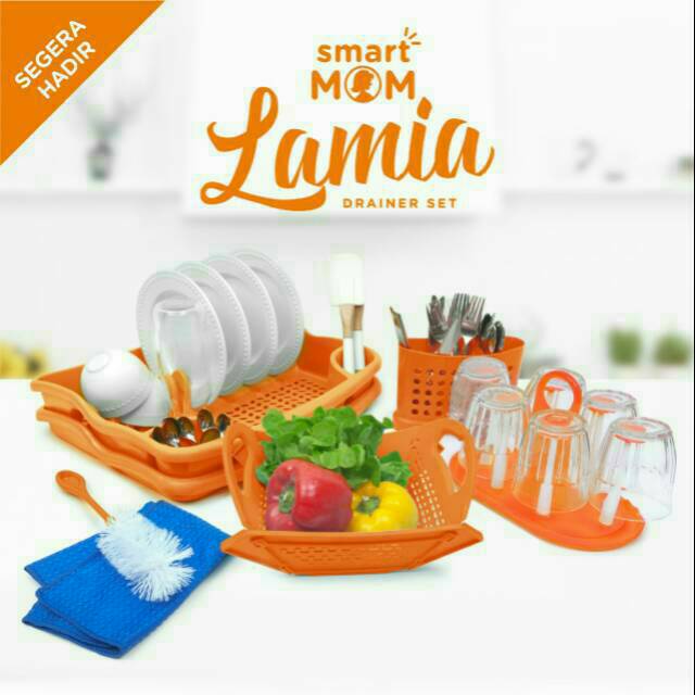 1,5kg PROMO Smart Mom Lamia Drainer Set / Rak Piring Gelas Sendok, Lengkap Alat Dapur - Orange