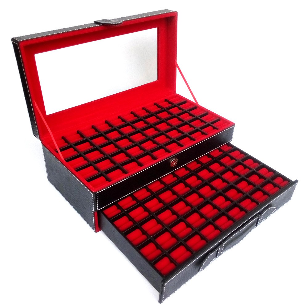 [100 Petak] Kotak Box Cincin Batu Akik Kaca Jahit Susun - Atas 50 Bawah 50 - Hitam Dlm Merah