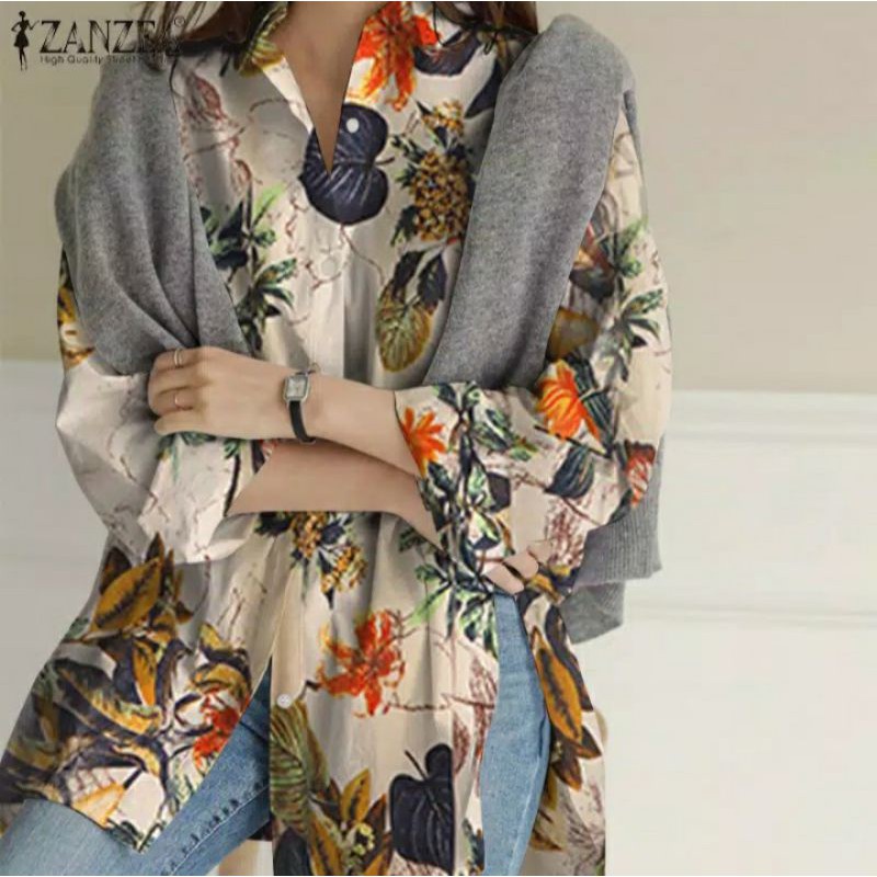 ZANZEA Women Floral Printing Long Sleeve Irregular Hem Blouse