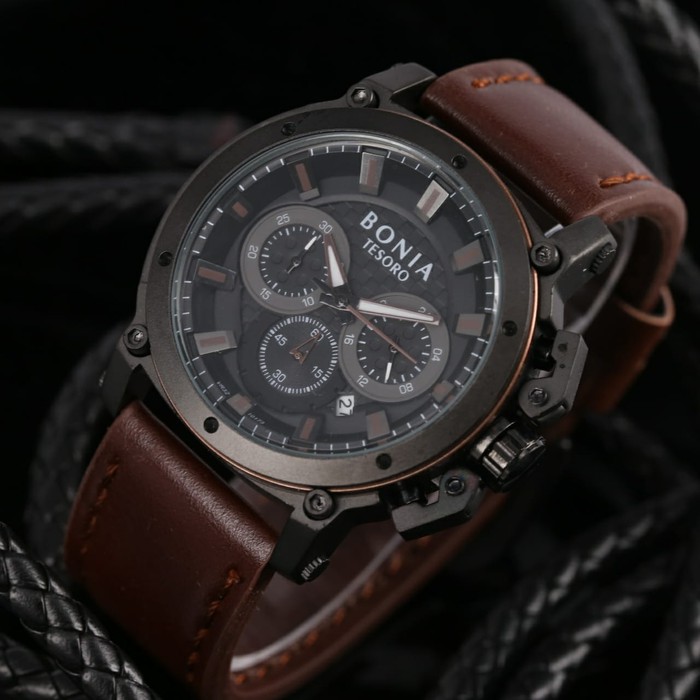 Jam Tangan Pria / Cowok Bonia Chrono Sk7255 Leather Dark Brown