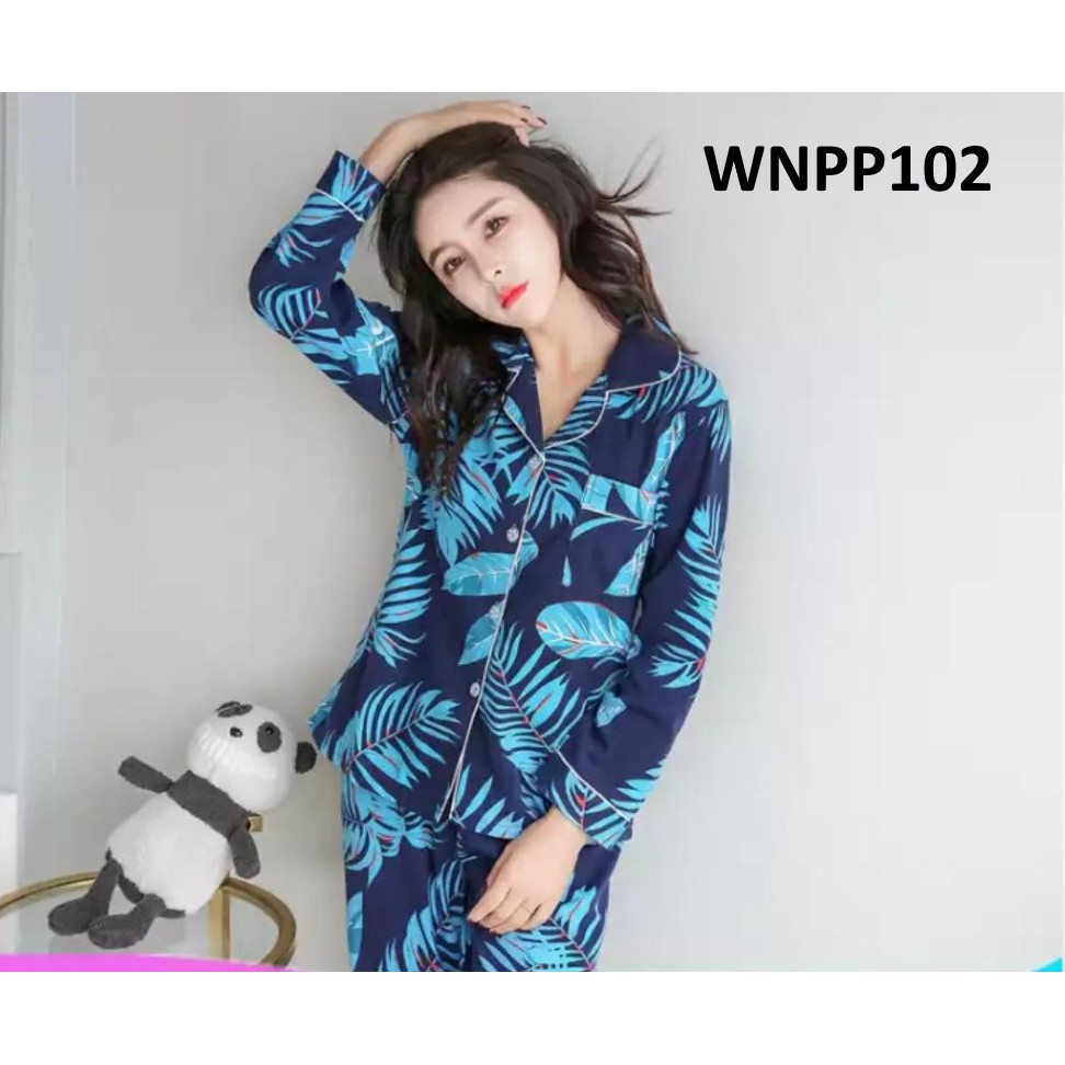 Piyama Wanita Baju Tidur Wanita Kancing Depan Forest Full Blue