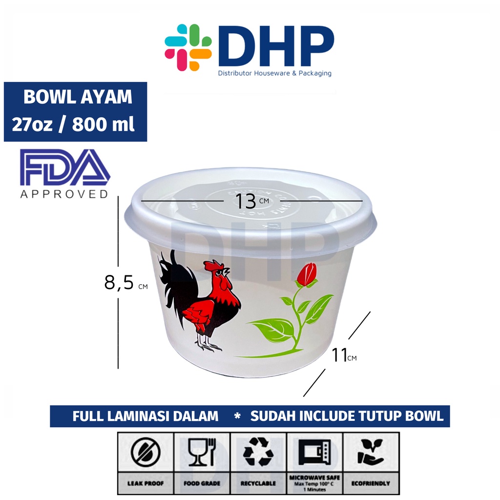 Paper Bowl AYAM Mangkok Kertas 27 oz (800 ml) Rice Bowl (Bowl + Tutup)