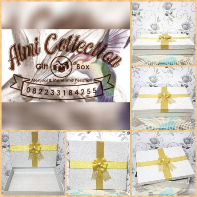 

Kotak Kado/Gift Box Exclusive Emboss Full Lapisan Rambut Silver Pita Metalik Gold 4cm