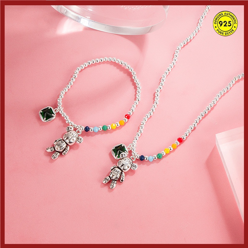Kalung Manik-Manik Bulat Warna Pelangi Bahan S925 Silver Tahan Air Untuk Wanita