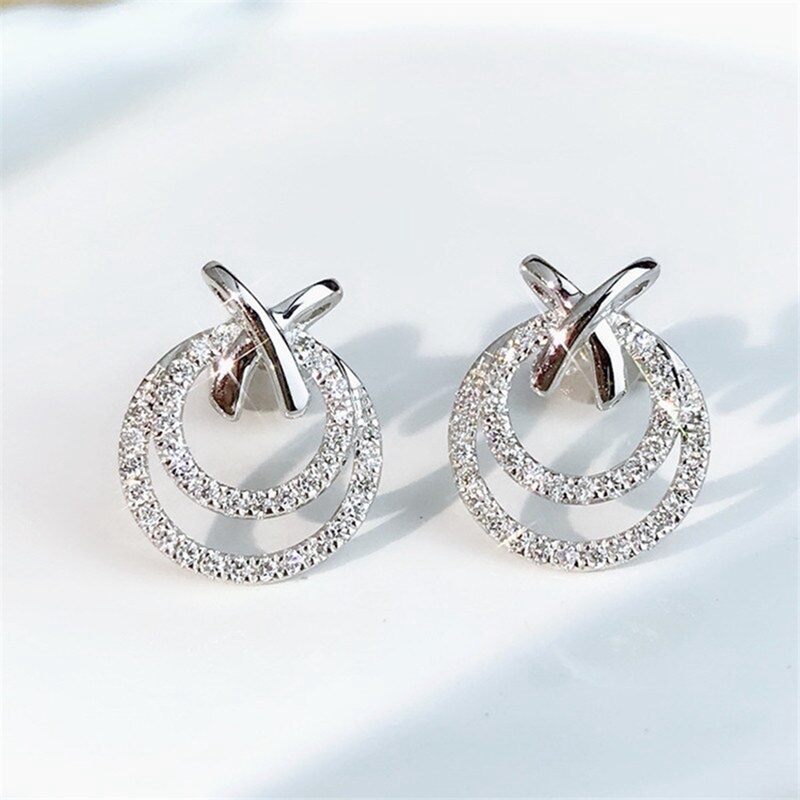 Anting Stud Cubic Zirconia Bentuk Lingkaran Warna Silver Putih Untuk Wanita