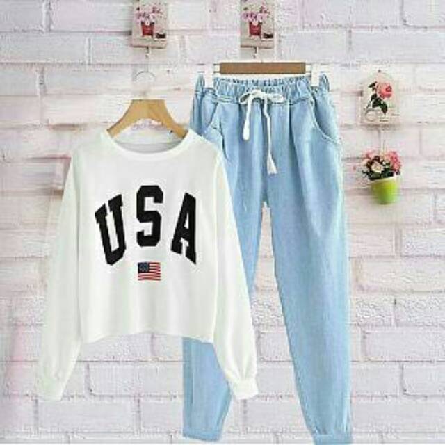 SETELAN USA DENIM  ATASAN PUTIH CELANA  DENIM  BEST SELLER 