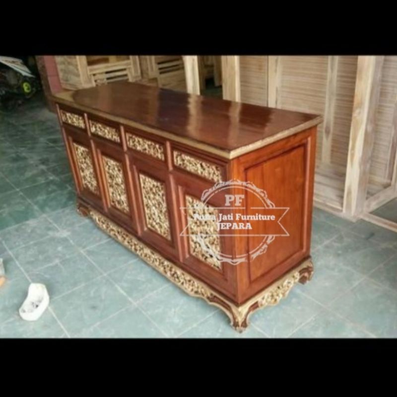 Bufet palembang meja TV hias ruangan pintu 4 ukir Jepara kayu jati