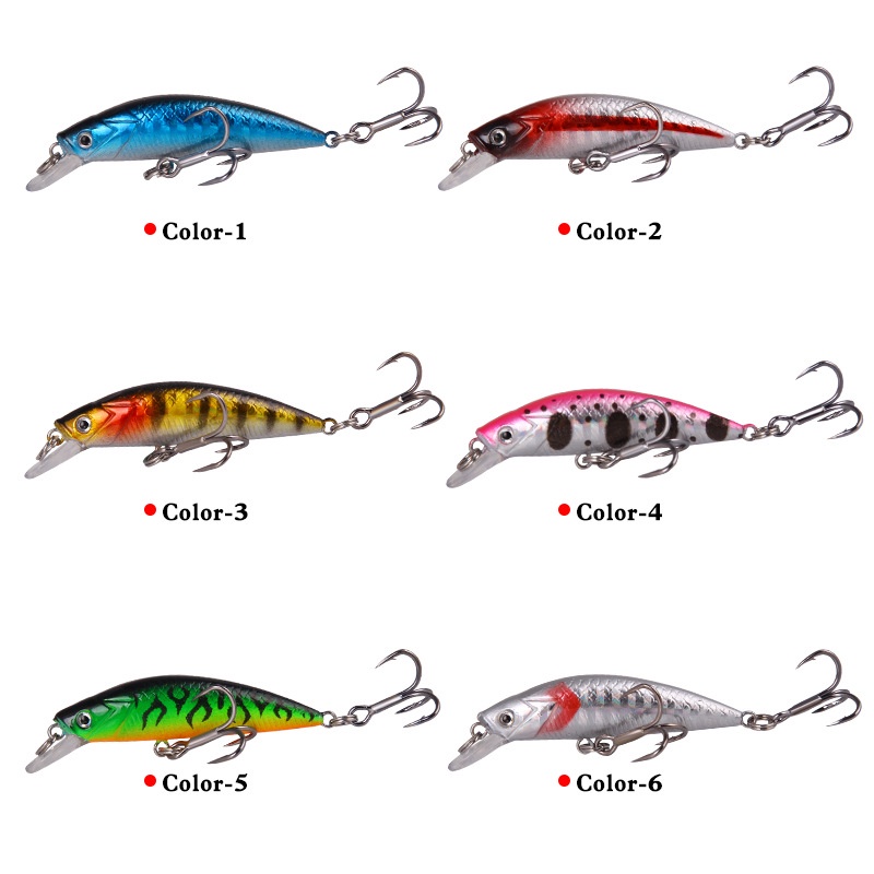 1 Pc Umpan Pancing Hard Bait Bentuk Ikan Kecil 3D 6 Warna Ukuran 6cm / 7g Dengan 2 Tiga Kail