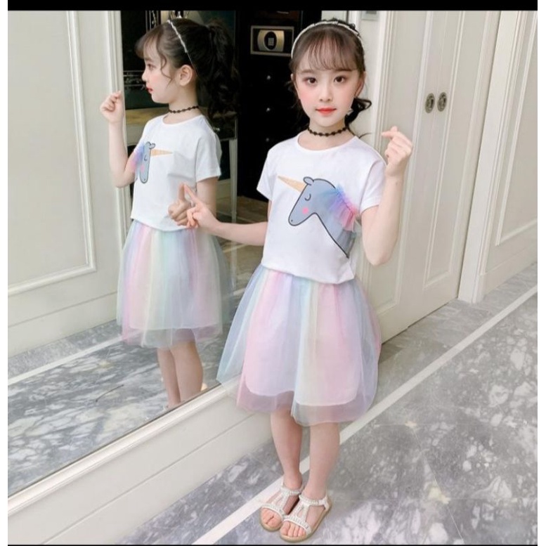Setelan anak anak cewek branded perempuan import korea remaja motif ori unicorn, lucu (warna putih) 