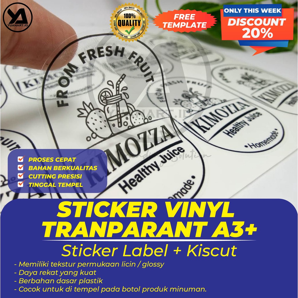 

CETAK STICKER LABEL KEMASAN VINYL TRANSPARANT A3+ MURAH PRINT STIKER LEBEL TRANSPARAN PRODUK MAKANAN MINUMAN BOTOL TOPLES KUE CUP BOX POLA BENTUK BULAT KOTAK CUSTOM PRIN NAMA MEREK LOGO BRAND USAHA