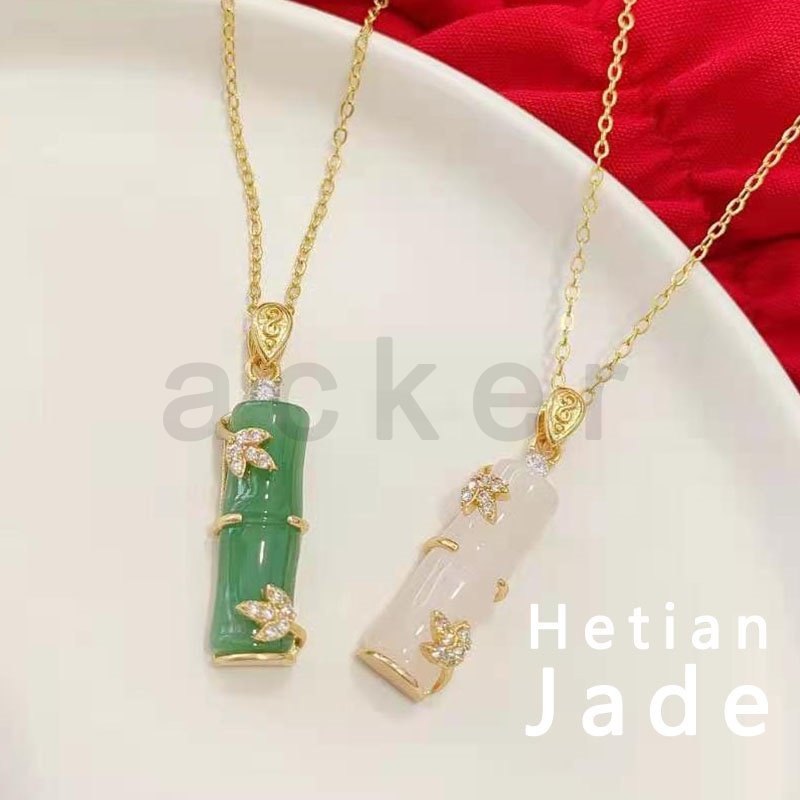 Kalung Liontin Bambu Giok Hetian Alami Lapis Emas 18K Untuk Wanita