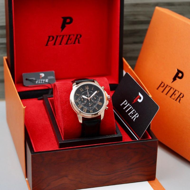 jam tangan pria NEW Piter original kulit chrono aktif DM4.5cm