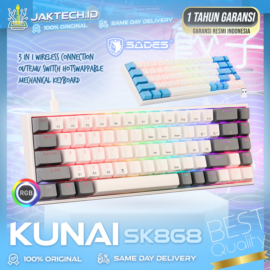 Sades Kunai SK868 Gateron Hotswap 3in1 Wireless Mechanical Keyboard Triple Connection