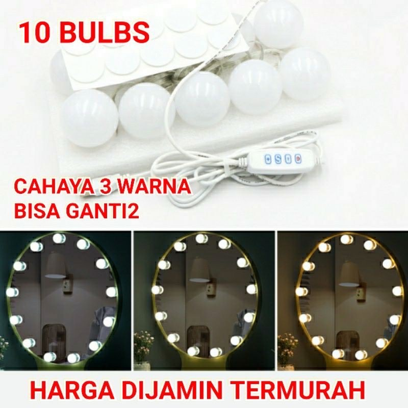 LAMPU VANITY LIGHT 10 LED CERMIN MAKE UP MIRROR LIGHTS 10 BULBS KACA RIAS 3 WARNA COLOKAN USB