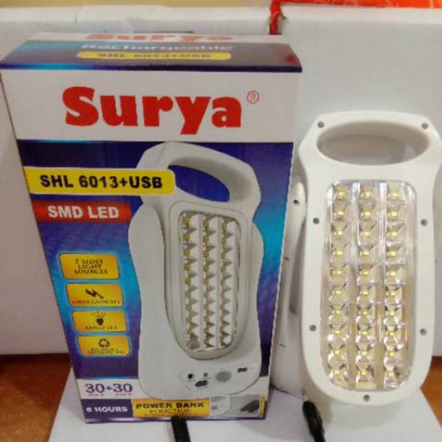 Surya Lampu Emergency SHL 6013 + USB Light LED SMD 30A+30A+ Power Bank Rechargeable 6 Hours