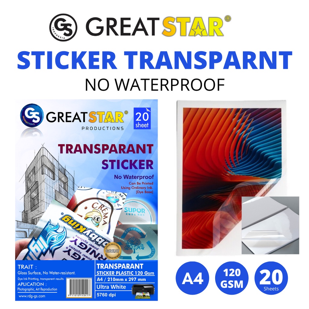 

STICKER TRANSPARAN BCK STAMP GS PLASTICK UK A4 ISI 20 LEMBAR ( NO WATERPROOF ) LENTUR