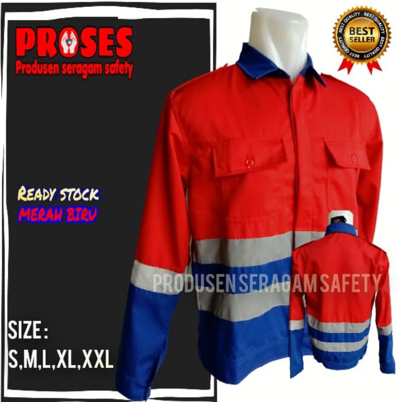 BAJU KERJA SAFETY KOMBINASI MERAH BIRU