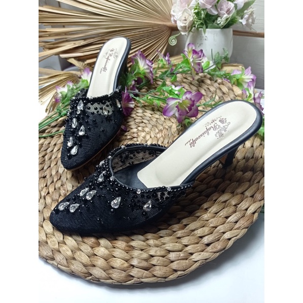 sepatu wedding sintya hitam lace brukat tinggi 7cm lancip