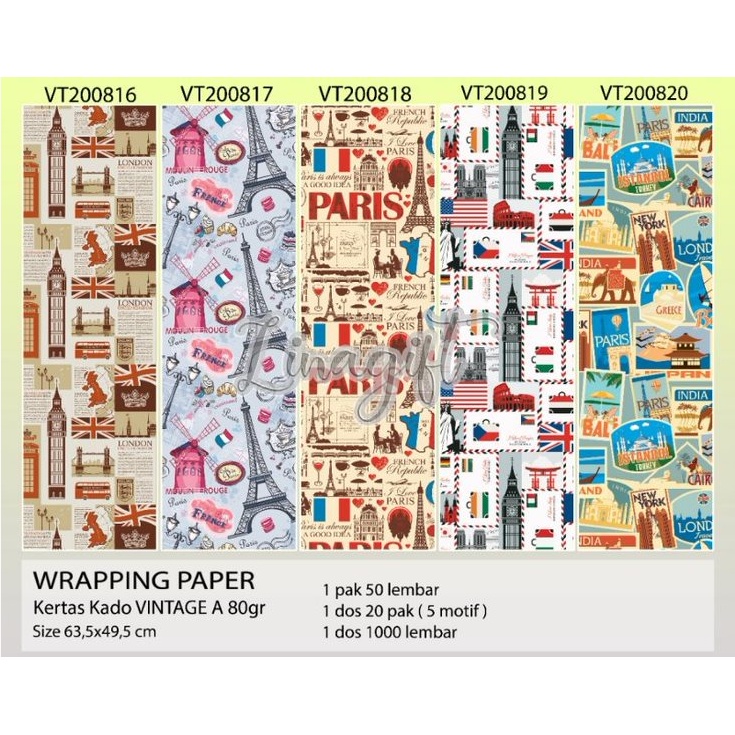 ( 5 Lembar ) KERTAS KADO VL PARIS - DOFF GIFT WRAP PAPER RETRO EIFFEL LONDON BIG BEN VINTAGE CLASSIC BACKGROUND COVER PHOTOGRAPH