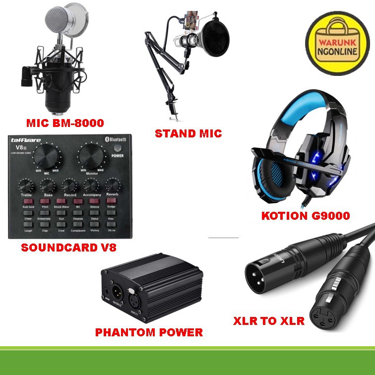 Paket rekaman profesional bm-8000 stand mic soundcard v8 phantom power pop filter