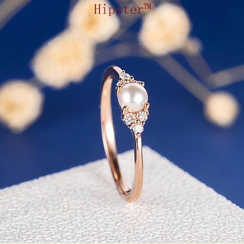European and American New Elegant Simple Temperament Rose Gold Inlaid Diamond Pearl Ring