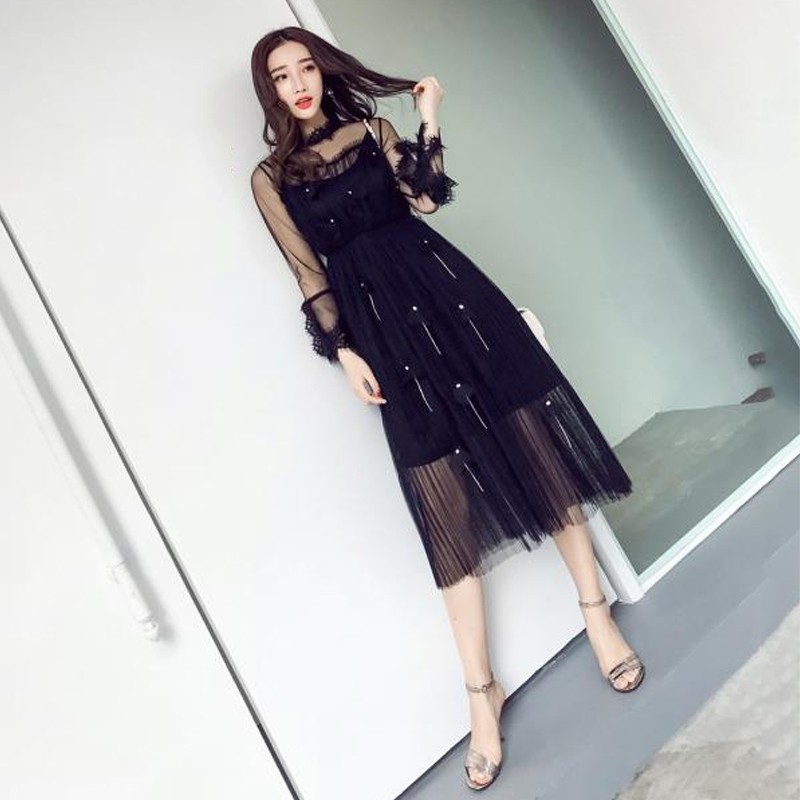 2Pcs Dress Midi Wanita O-Neck Lengan Panjang Lace+Mesh Lipit+Shift Gaya Korea untuk Musim Semi