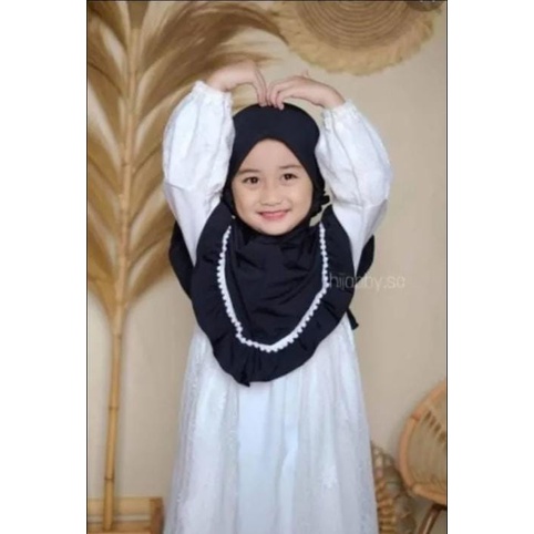 kerudung instan jersey bergo anak perempuan umur 3-8 tahun bahan jersey hyget jumbo renda rempel tali serut ped antem terbaru