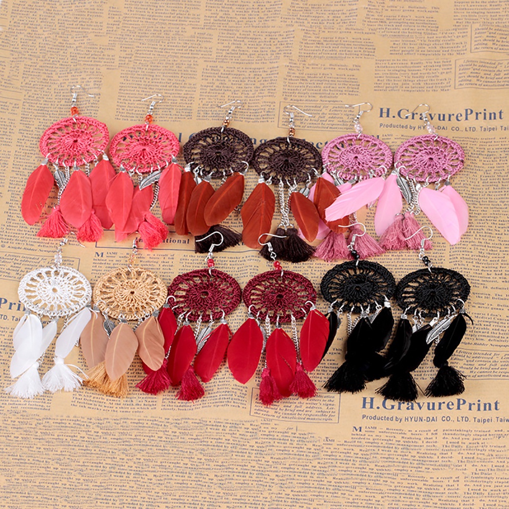 Hu Hu Hu Hu Hu Alat Bantu Pasang Kacamata♡ Anting Kait Gantung Panjang Wanita Desain Dream Catcher Etnik Hias Rumbai