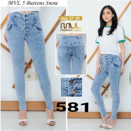 Celana Jeans High waist Kancing 5 Biru Snow MVL-581 /  Highwaist jeans wanita /Jeans wanita skinny