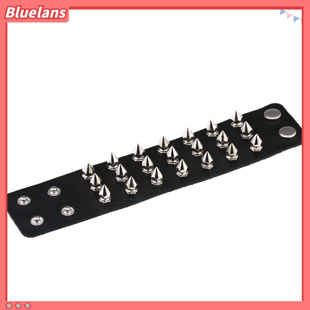 Bluelans Gelang Tangan Kulit Imitasi Aksen Rivet Kerucut Stainless Steel Gaya Punk Untuk Wanita