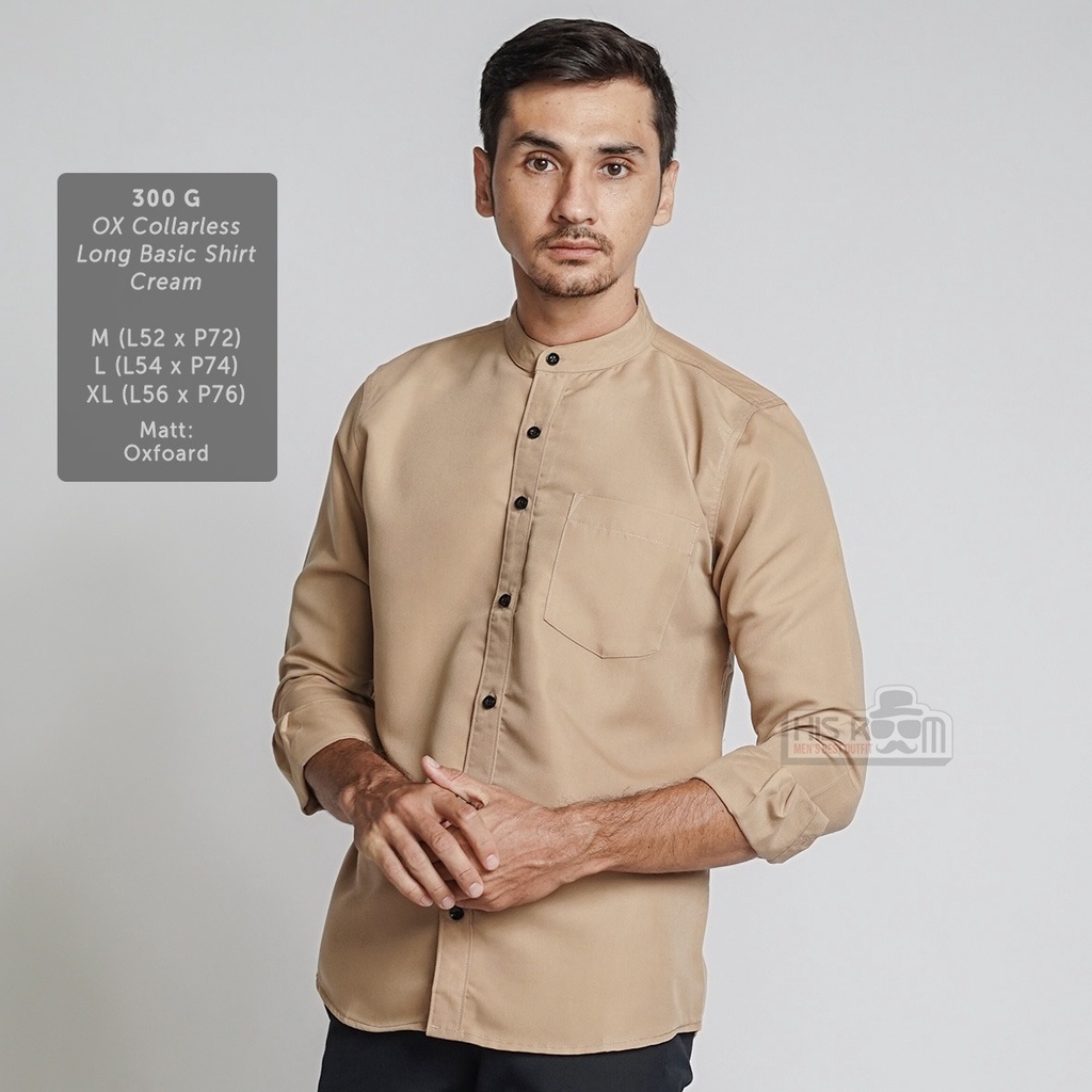 HSRM - Kemeja Pria Kerah Shanghai Kemeja Collarless Kemeja Formal Polos Lengan Panjang KEGA OX 293 300