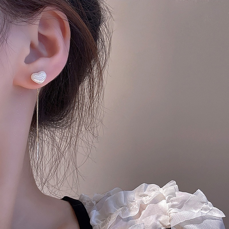 Anting Gantung Panjang Model Hati Dengan Mutiara Untuk Wanita