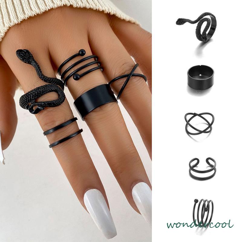 5PCS kreatif ms. Jane cincin wanita menggabungkan cincin ular hitam geometri-Won