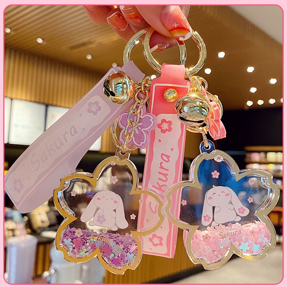 QUINTON Cute Sakura Quicksand Keychain Gift Keyring Liquid Sequins Car Key Ring Trinket Jewelry Cartoon Bunny Acrylic Key Chain Pendant/Multicolor