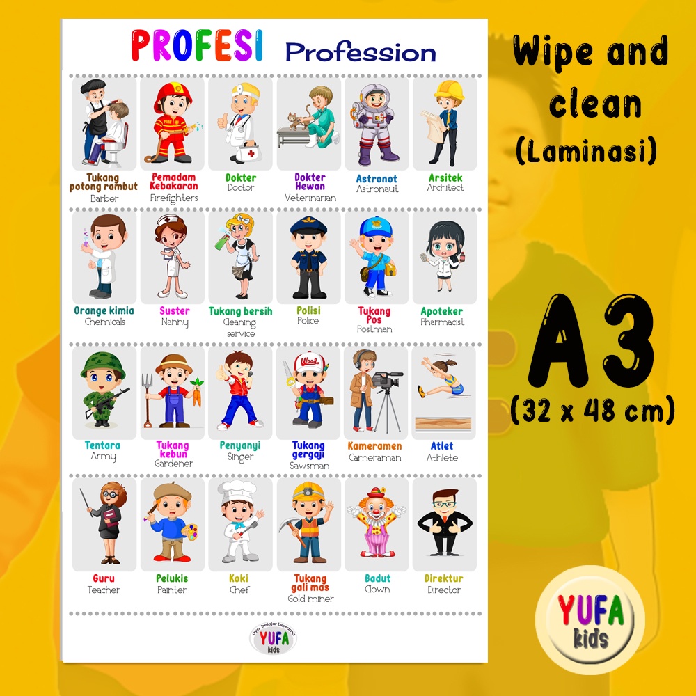 060 Poster mengenal profesi - Poster Edukasi Anak - Poster belajar anak - Poster wipe and clean - pe