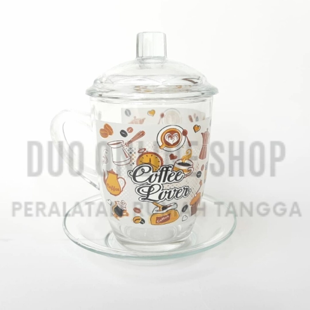 1set Cangkir Kaca + tutup dan tatakan lepek Polos