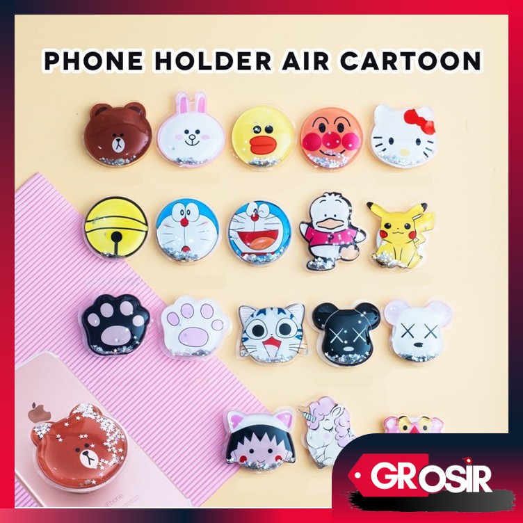 Grosir - 679 Pop Socket Glitter Liquid Karakter Disney Bubble Tea Pikachu / Quicksand / Stand HP