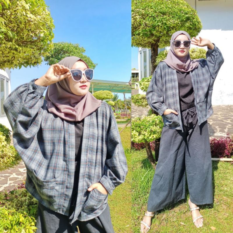 Outer Balon Flanel Viral Outer  Balon Grid/Kemeja Motif wanita/Fashion Wanita 2021