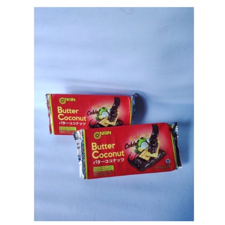 

nissin butter coconut | biskuit rasa mentega kelapa lapis coklat | salut coklat | biskuit coklat