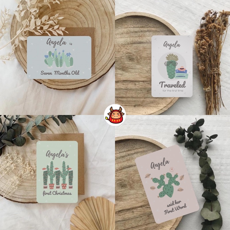 New Design Muslim / non muslim Premium Baby Milestone Card free custom name card cactus pastel themed best seller limited edition baby girl and boy