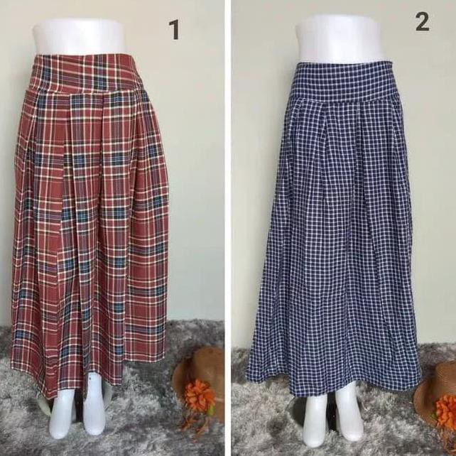 Sale Rok Flare Skirt Muslim Tartan Rampel Motif Kotak Kotak Midi Hijab Terbaru