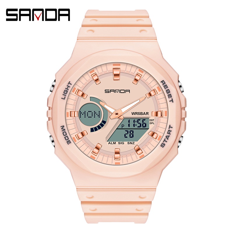SANDA 6016 Jam Tangan Pria Wanita Digital Sport EL Backlight Tali Rubber Anti Air-Pink