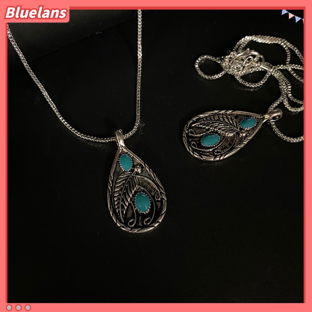 Kalung Liontin Batu Pirus Bentuk Tetesan Air Bahan Alloy Gaya Vintage Untuk Unisex