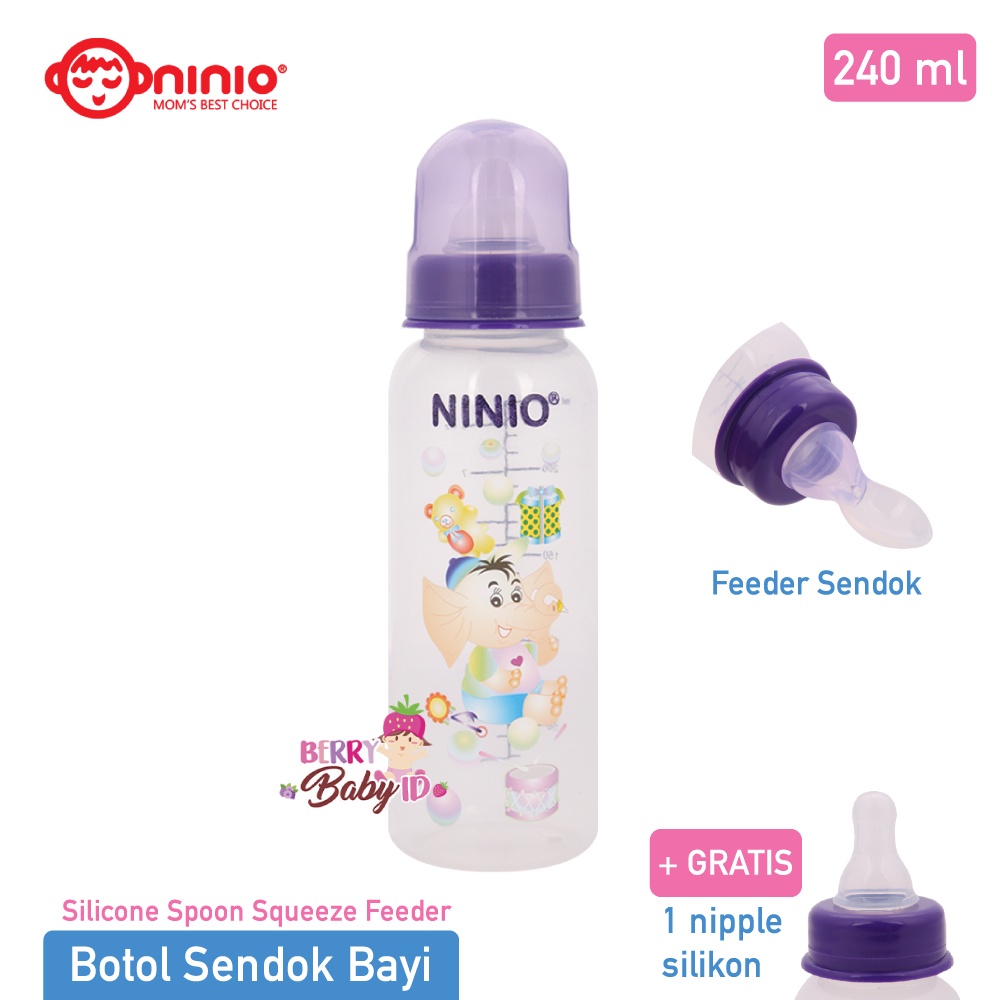 Ninio Botol Sendok &amp; Botol Susu Bayi 240 ml Silicone Squeeze Feeder GRATIS Nipple Dot Silikon MPASI Berry Mart