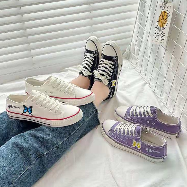 BJS3936 - BLACK/PURPLE/WHITE - Sepatu Sneakers Flat Wanita Cantik SEPATU WANITA SNEAKERS TALI FLAT MOTIF KUPU-KUPU JOGGING SPORT OLAHRAGA LARI PAGI FASHION IMPORT TERMURAH TERLARIS TERBARU BAGSTORE JAKARTA JSS3936