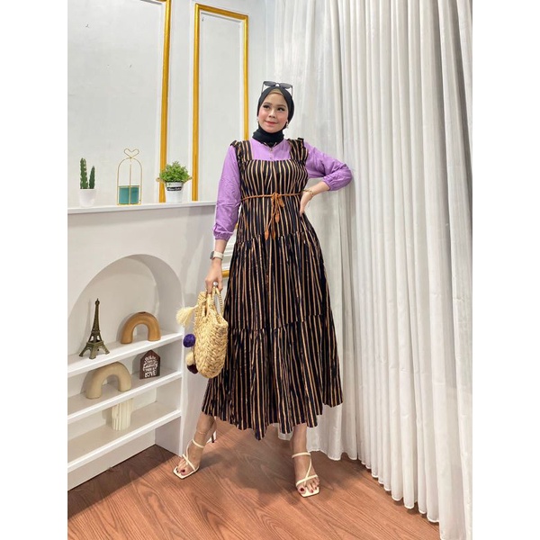 Midi Dress Rayon Motif Salur Kombinasi Free Belt