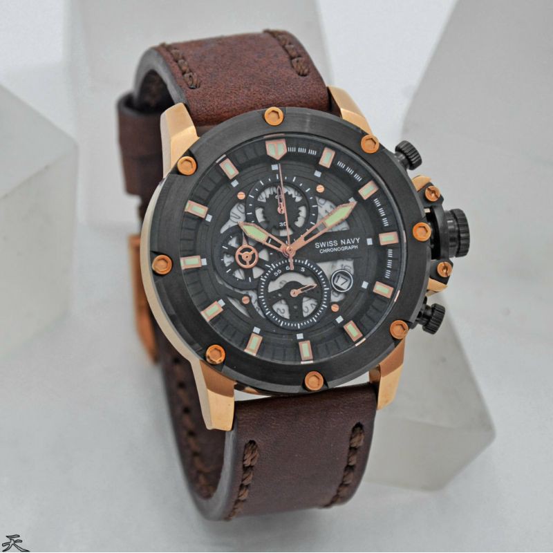 Swiss Navy 6811 Jam Tangan Pria Original Sporty Chronograph Anti Air Stainless Steel Tali Kulit