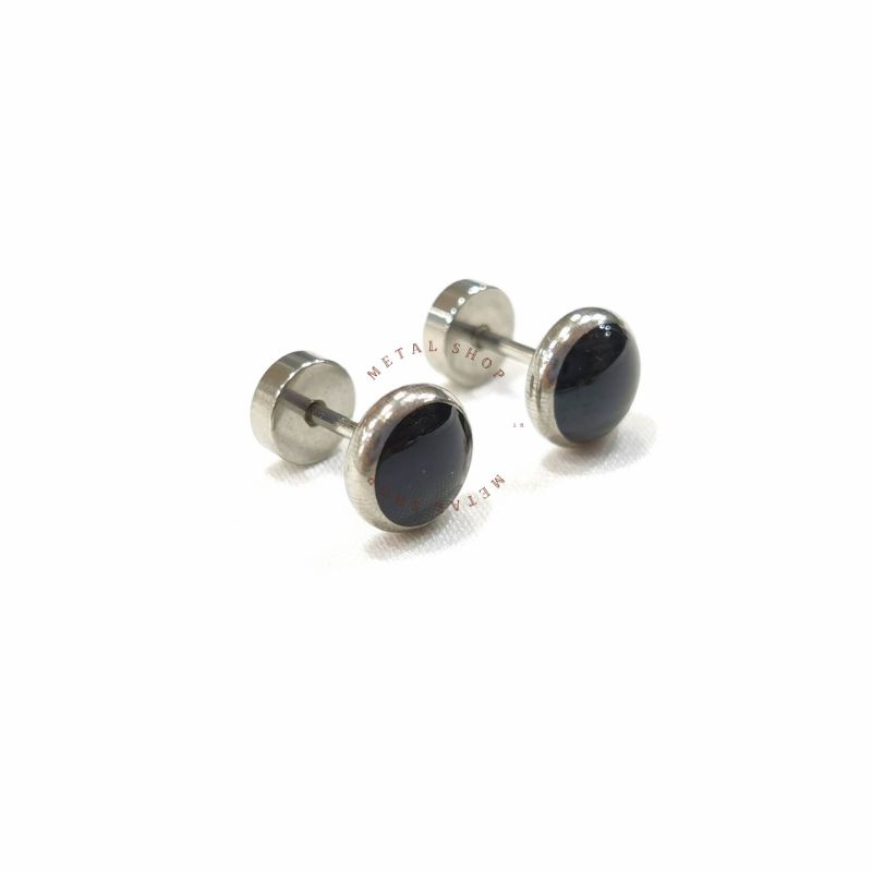 Anting Titanium Pria Wanita Anti Karat Warna Silver Kombinasi Hitam