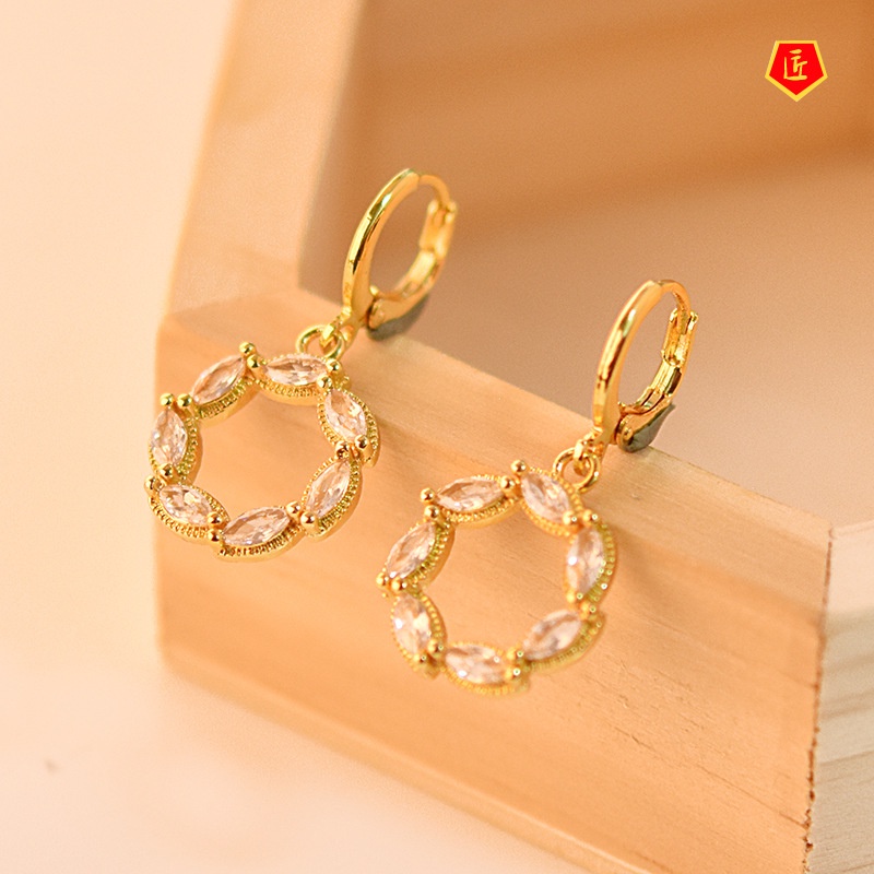 [Ready Stock]Temperament 18K Gold Geometric Shape Colored Gems Earrings